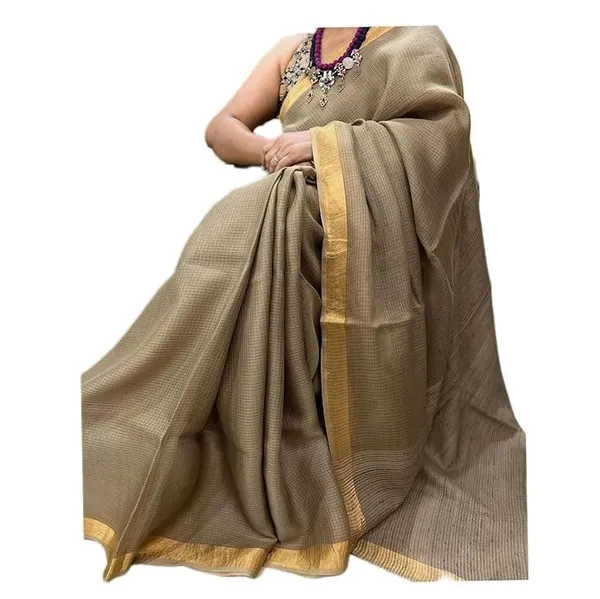 Khaki_Bhagalpuri_Pure_Kota_Doria_Silk_Saree_With_Small_Zari_Boder_With_Banswara_Silk_Pallu_For_Women