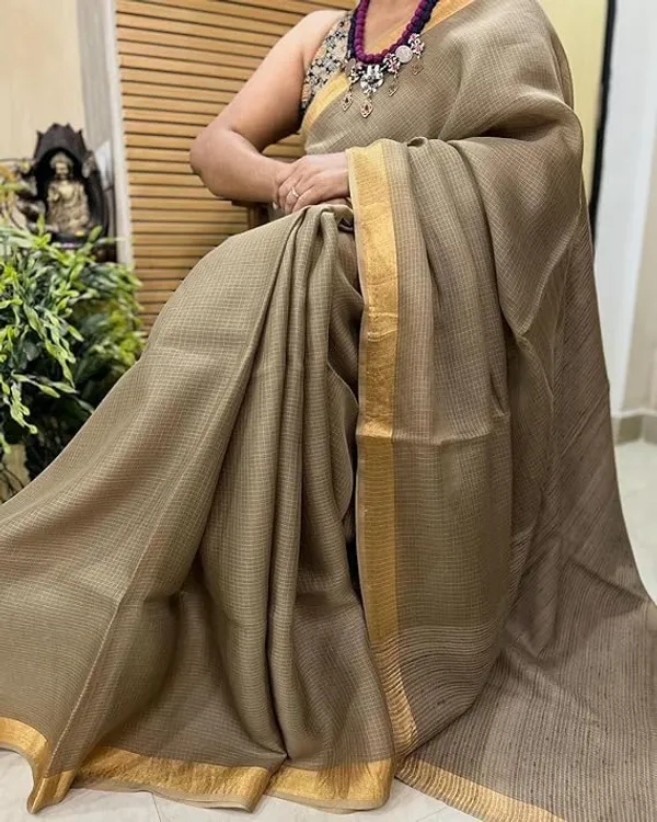 Khaki_Bhagalpuri_Pure_Kota_Doria_Silk_Saree_With_Small_Zari_Boder_With_Banswara_Silk_Pallu_For_Women