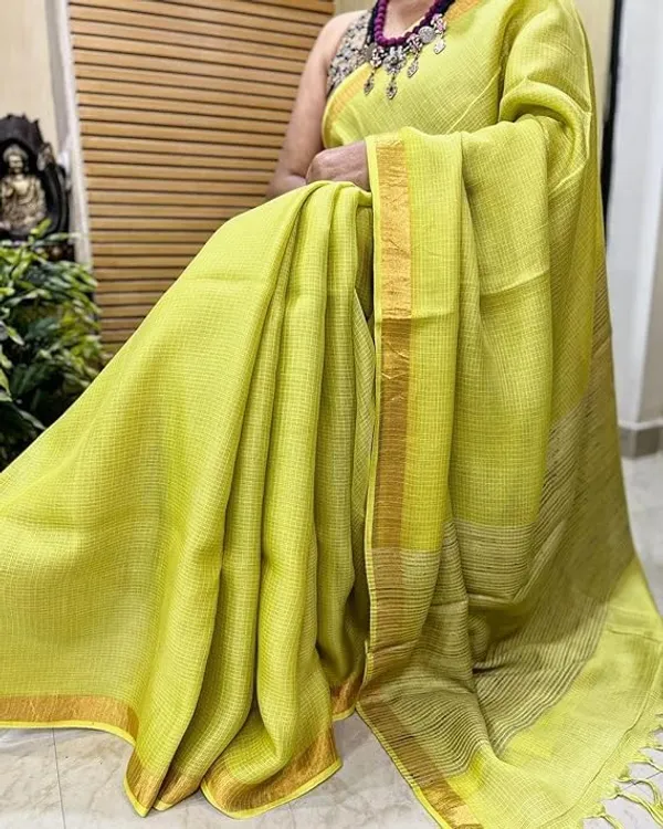 Yellow_Bhagalpuri_Pure_Kota_Doria_Silk_Saree_With_Small_Zari_Boder_With_Banswara_Silk_Pallu_For_Women