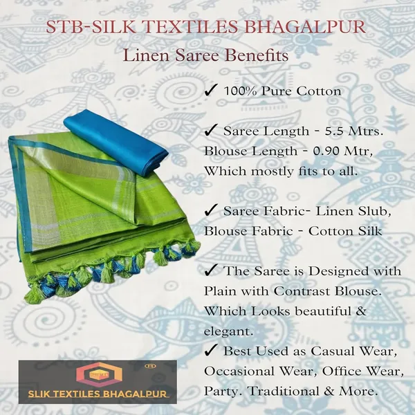Green_Linen_Slub_Saree_With_Contrast_Blouse_Piece_For_Women