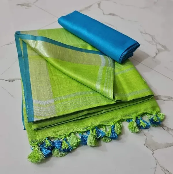 Green_Linen_Slub_Saree_With_Contrast_Blouse_Piece_For_Women