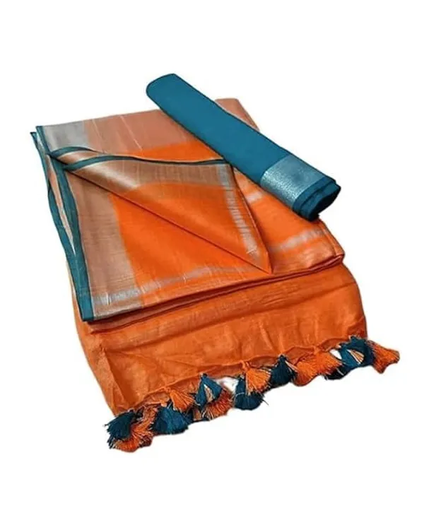 Orange_Linen_Slub_Saree_With_Contrast_Blouse_Piece_For_Women