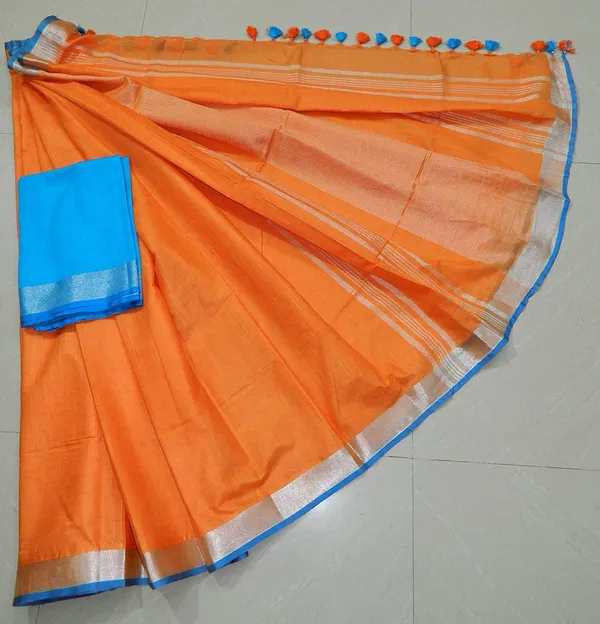 Orange_Linen_Slub_Saree_With_Contrast_Blouse_Piece_For_Women