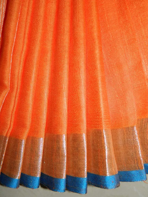 Orange_Linen_Slub_Saree_With_Contrast_Blouse_Piece_For_Women