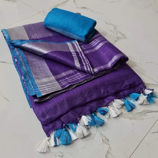 Purple_Linen_Slub_Saree_With_Contrast_Blouse_Piece_For_Women