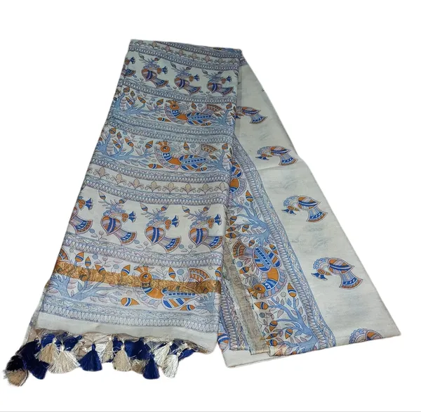 Blue_&_Orange_Madhubani_Print_Semi_Tussar_Soft_Silk_Saree_With_Atteched_Blouse_Piece_For_Women
