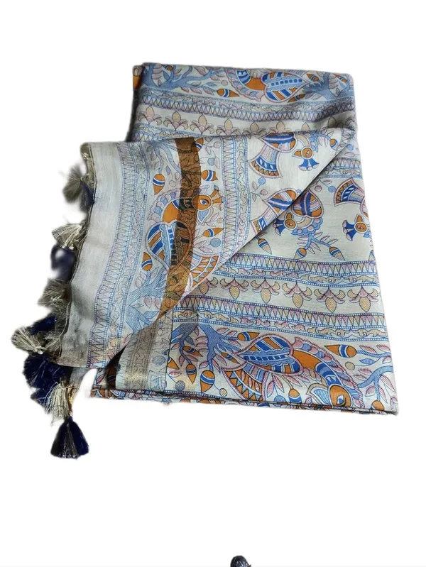 Blue_&_Orange_Madhubani_Print_Semi_Tussar_Soft_Silk_Saree_With_Atteched_Blouse_Piece_For_Women