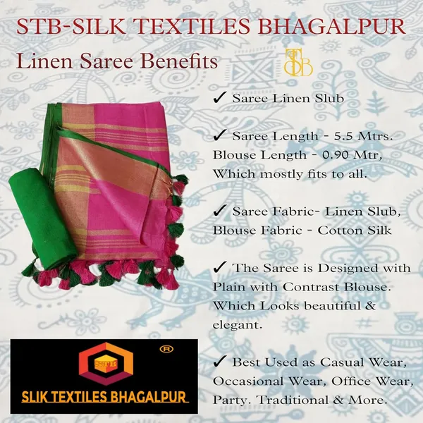 Pink_Linen_Slub_Saree_With_Contrast_Blouse_Piece_For_Women