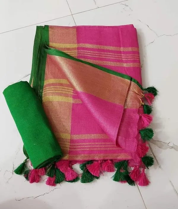 Pink_Linen_Slub_Saree_With_Contrast_Blouse_Piece_For_Women