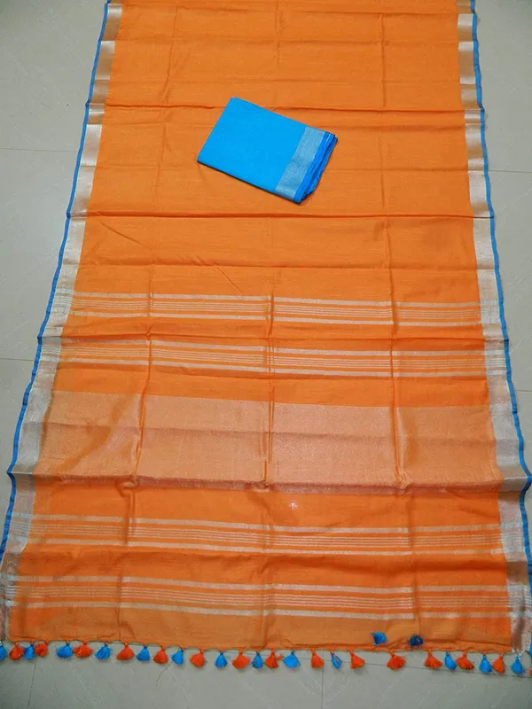 Women's_Linen_Slub_Saree_With_Contrast_Blouse_Piece