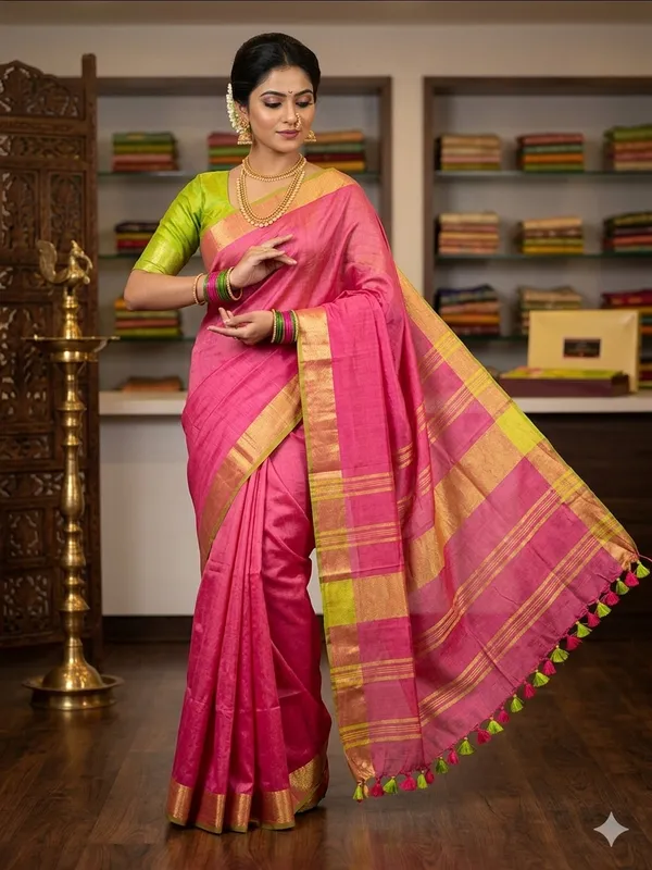 Pink_Linen_Slub_Saree_Wih_Contrast_Blouse_Piece_For_Women