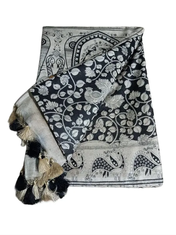 Black_Madhubani_Print_Semi_Tussar_Soft_Silk_Saree_With_Atteched_Blouse_Piece_For_Women