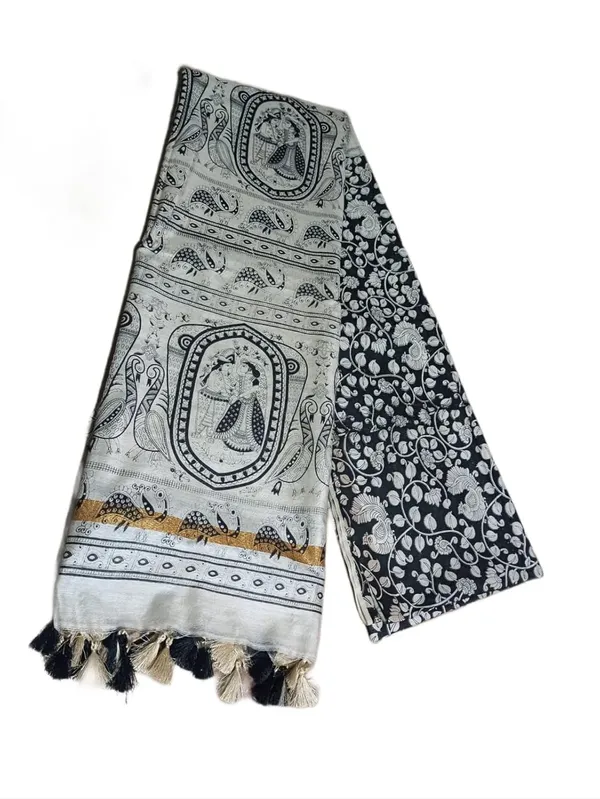 Black_Madhubani_Print_Semi_Tussar_Soft_Silk_Saree_With_Atteched_Blouse_Piece_For_Women
