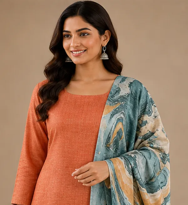 Orange_Cotton_Silk_Unstitched_Salwar_Suit_Dress_Material_With_Marble_Print_Dupatta._For_Women