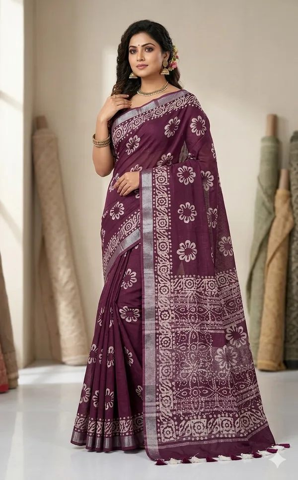 Megenta_Batik_Print_Linen_Slub_Saree_With_Runnig_Blouse_Piece_For_Women