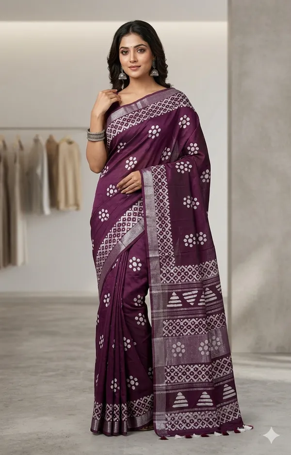 Megenta_Batik_Print_Linen_Slub_Saree_With_Runnig_Blouse_Piece_For_Women