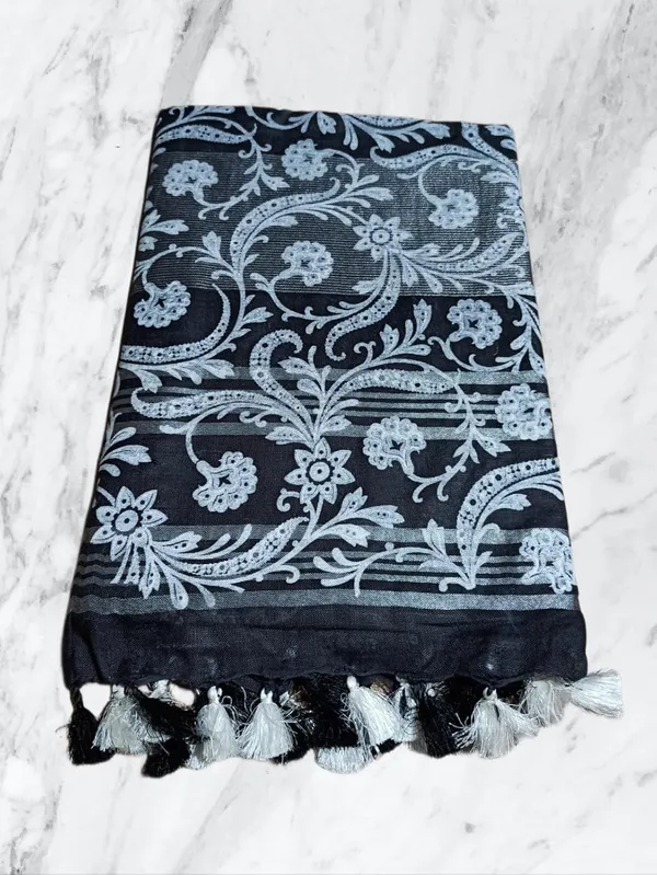 Black_Bhagalpuri_Khari/Block_Print_Linen_Slub_Saree_With_Runnig_Blouse_Piece_For_Women