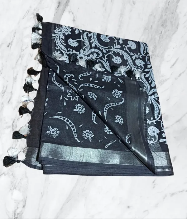 Black_Bhagalpuri_Khari/Block_Print_Linen_Slub_Saree_With_Runnig_Blouse_Piece_For_Women