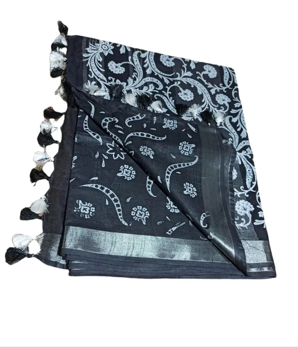 Black_Bhagalpuri_Khari/Block_Print_Linen_Slub_Saree_With_Runnig_Blouse_Piece_For_Women