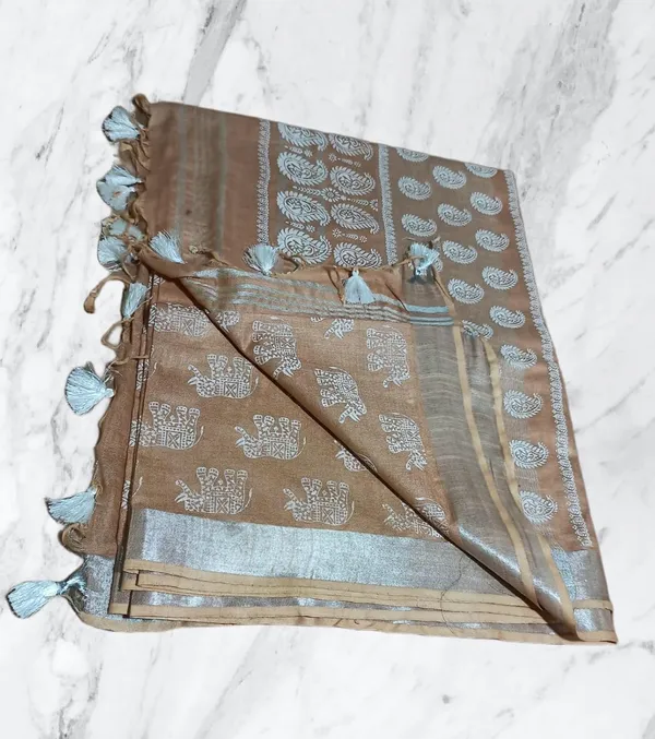 Brown_Bhagalpuri_Khari/Block_Print_Linen_Slub_Saree_With_Runnig_Blouse_Piece_For_Women