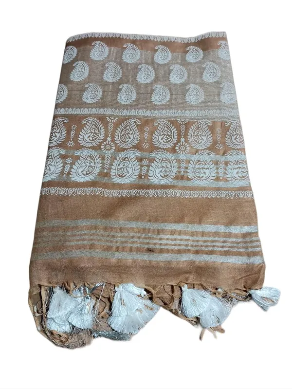 Brown_Bhagalpuri_Khari/Block_Print_Linen_Slub_Saree_With_Runnig_Blouse_Piece_For_Women