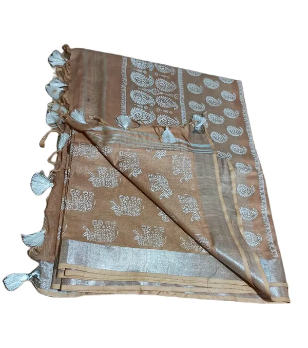 Brown_Bhagalpuri_Khari/Block_Print_Linen_Slub_Saree_With_Runnig_Blouse_Piece_For_Women