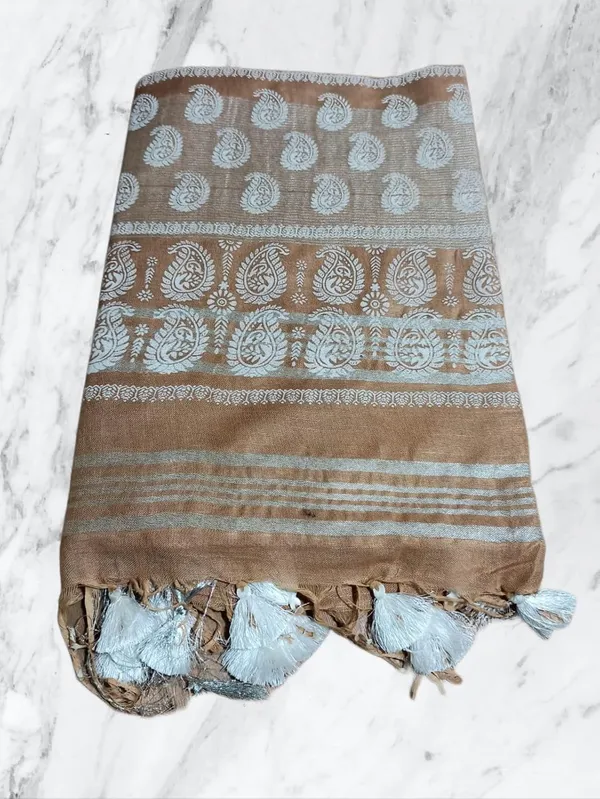 Brown_Bhagalpuri_Khari/Block_Print_Linen_Slub_Saree_With_Runnig_Blouse_Piece_For_Women