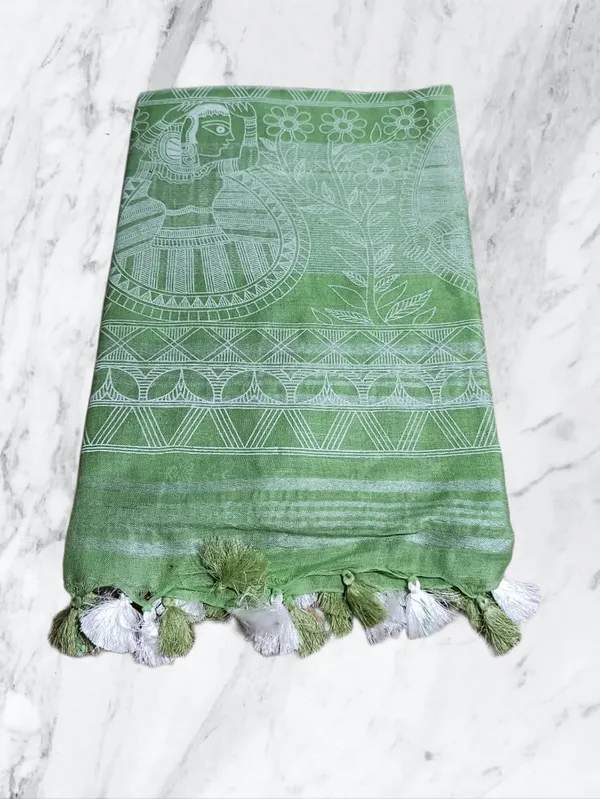 Green_Bhagalpuri_Khari/Block_Print_Linen_Slub_Saree_With_Runnig_Blouse_Piece_For_Women