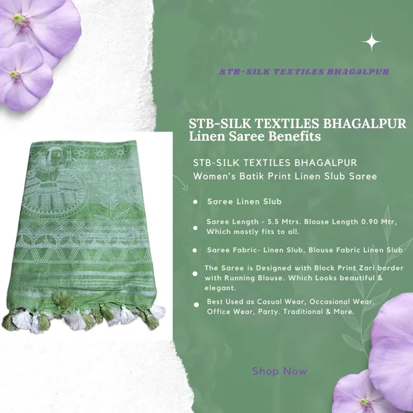 Green_Bhagalpuri_Khari/Block_Print_Linen_Slub_Saree_With_Runnig_Blouse_Piece_For_Women