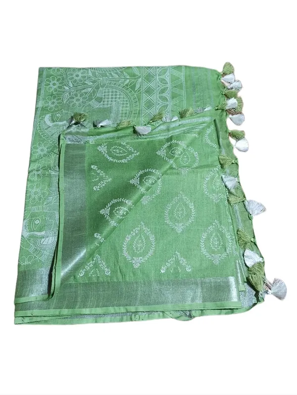 Green_Bhagalpuri_Khari/Block_Print_Linen_Slub_Saree_With_Runnig_Blouse_Piece_For_Women