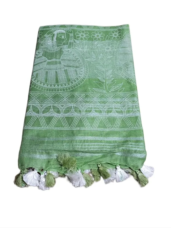 Green_Bhagalpuri_Khari/Block_Print_Linen_Slub_Saree_With_Runnig_Blouse_Piece_For_Women