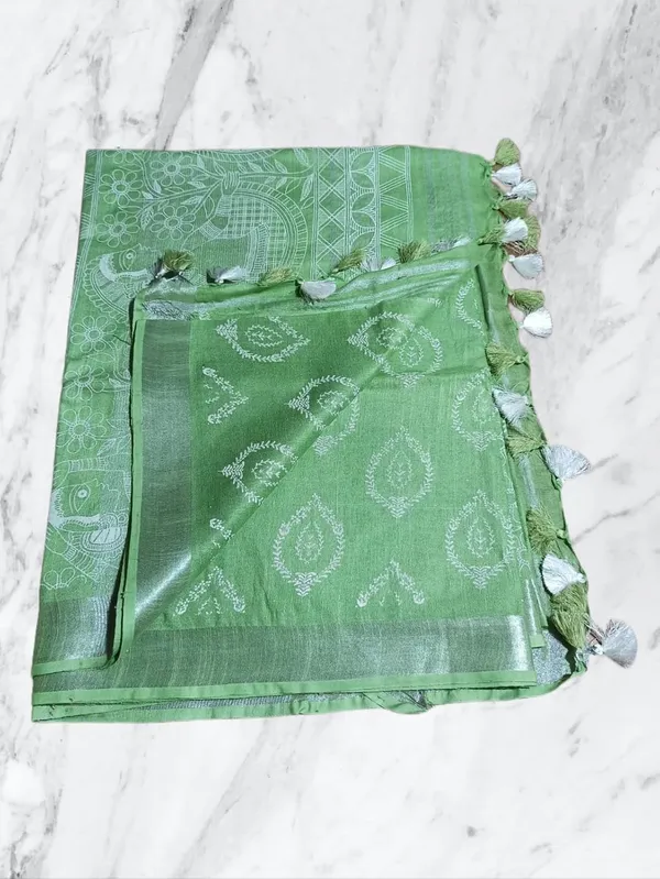 Green_Bhagalpuri_Khari/Block_Print_Linen_Slub_Saree_With_Runnig_Blouse_Piece_For_Women