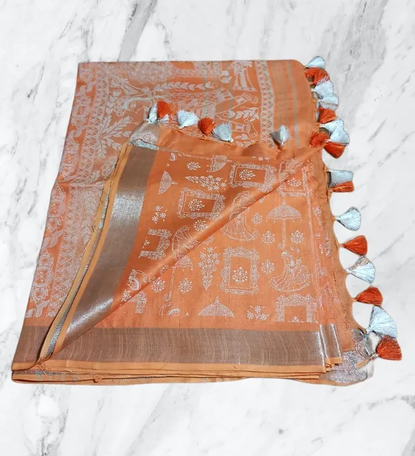 Orange_Bhagalpuri_Khari/Block_Print_Linen_Slub_Saree_With_Runnig_Blouse_Piece_For_Women