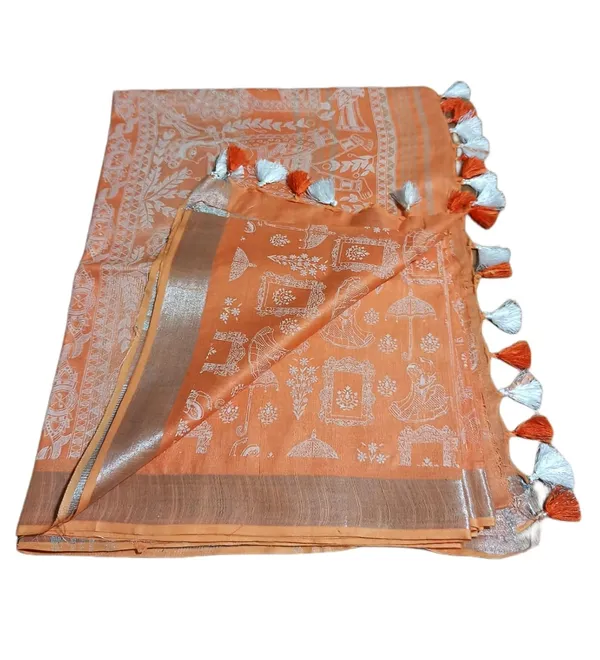 Orange_Bhagalpuri_Khari/Block_Print_Linen_Slub_Saree_With_Runnig_Blouse_Piece_For_Women