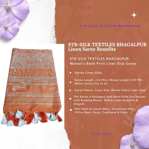 Orange_Bhagalpuri_Khari/Block_Print_Linen_Slub_Saree_With_Runnig_Blouse_Piece_For_Women
