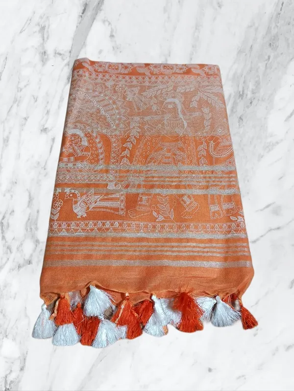 Orange_Bhagalpuri_Khari/Block_Print_Linen_Slub_Saree_With_Runnig_Blouse_Piece_For_Women