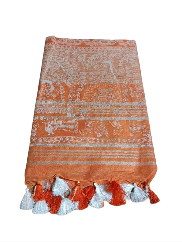 Orange_Bhagalpuri_Khari/Block_Print_Linen_Slub_Saree_With_Runnig_Blouse_Piece_For_Women