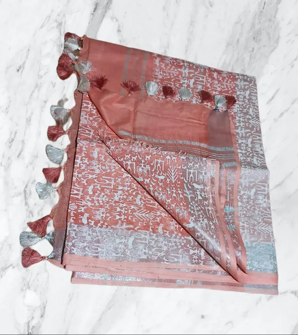 Peach_Bhagalpuri_Khari/Block_Print_Linen_Slub_Saree_With_Runnig_Blouse_Piece_For_Women