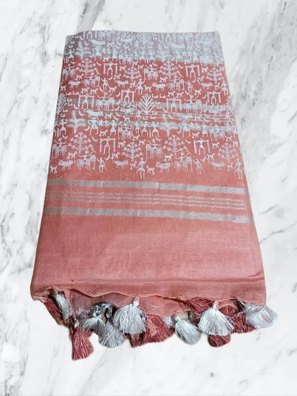 Peach_Bhagalpuri_Khari/Block_Print_Linen_Slub_Saree_With_Runnig_Blouse_Piece_For_Women