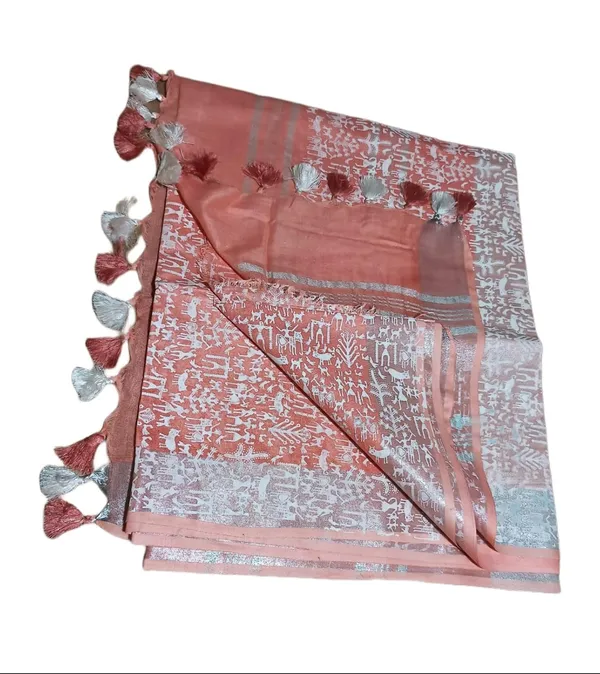 Peach_Bhagalpuri_Khari/Block_Print_Linen_Slub_Saree_With_Runnig_Blouse_Piece_For_Women