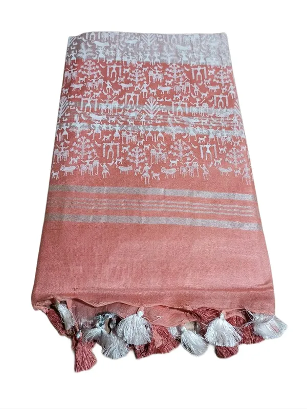 Peach_Bhagalpuri_Khari/Block_Print_Linen_Slub_Saree_With_Runnig_Blouse_Piece_For_Women