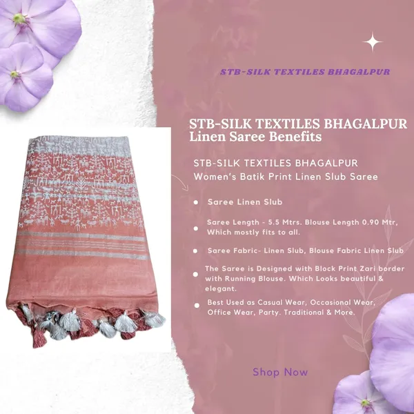 Peach_Bhagalpuri_Khari/Block_Print_Linen_Slub_Saree_With_Runnig_Blouse_Piece_For_Women