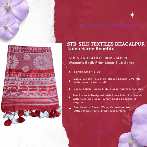 Red_Bhagalpuri_Khari/Block_Print_Linen_Slub_Saree_With_Runnig_Blouse_Piece_For_Women