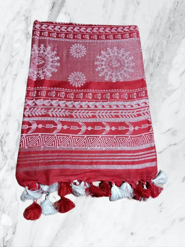 Red_Bhagalpuri_Khari/Block_Print_Linen_Slub_Saree_With_Runnig_Blouse_Piece_For_Women