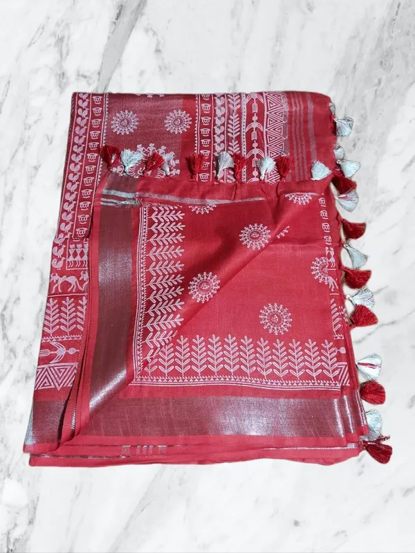 Red_Bhagalpuri_Khari/Block_Print_Linen_Slub_Saree_With_Runnig_Blouse_Piece_For_Women