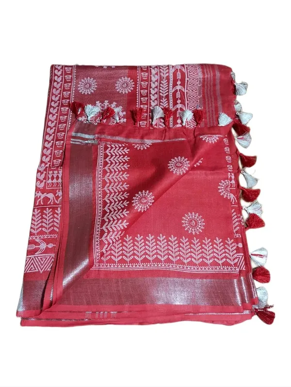Red_Bhagalpuri_Khari/Block_Print_Linen_Slub_Saree_With_Runnig_Blouse_Piece_For_Women