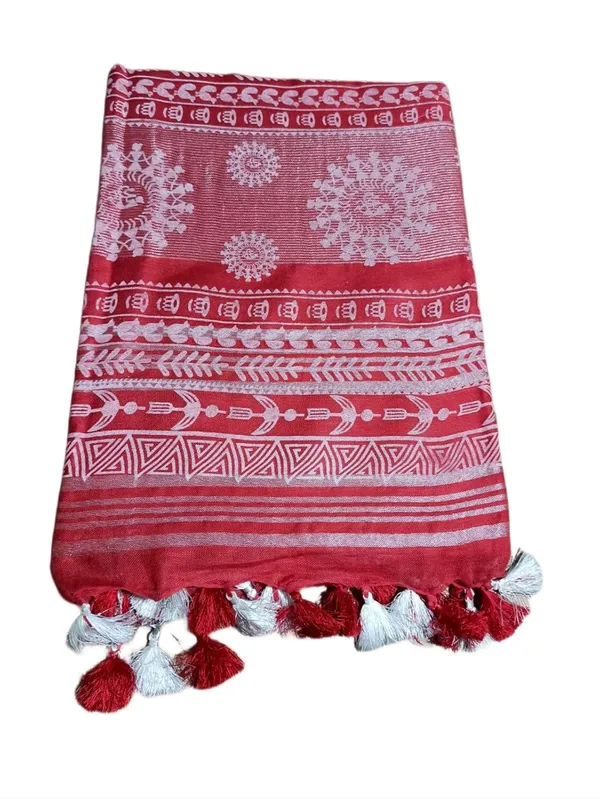 Red_Bhagalpuri_Khari/Block_Print_Linen_Slub_Saree_With_Runnig_Blouse_Piece_For_Women