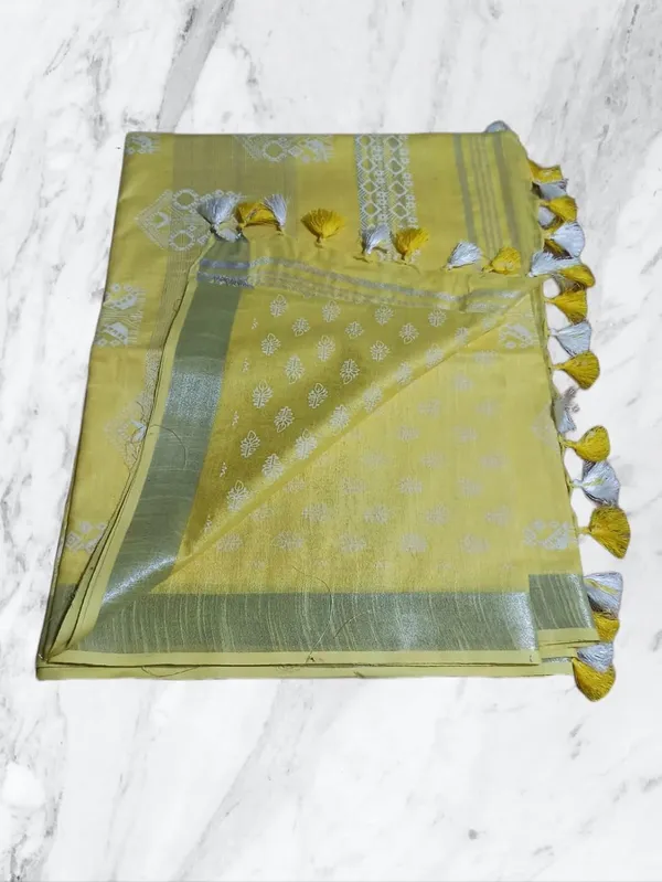 Yellow_Bhagalpuri_Khari/Block_Print_Linen_Slub_Saree_With_Runnig_Blouse_Piece_For_Women