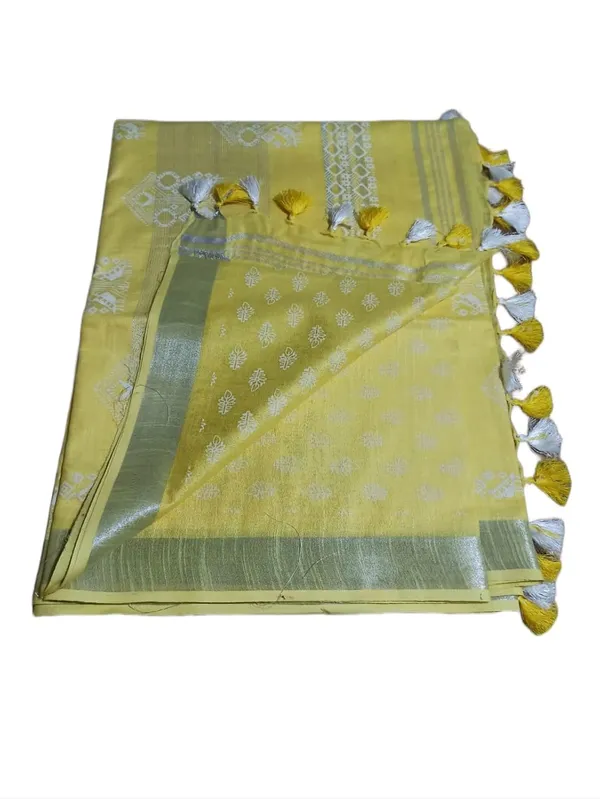 Yellow_Bhagalpuri_Khari/Block_Print_Linen_Slub_Saree_With_Runnig_Blouse_Piece_For_Women