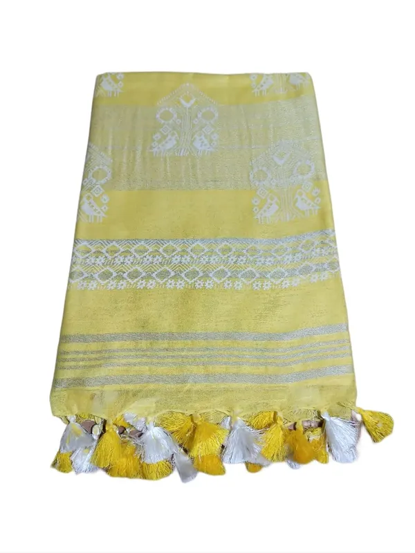 Yellow_Bhagalpuri_Khari/Block_Print_Linen_Slub_Saree_With_Runnig_Blouse_Piece_For_Women